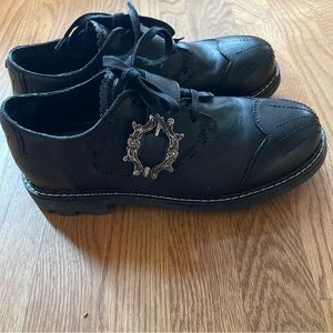 John Fluevog black leather tie/ buckle womens shoes